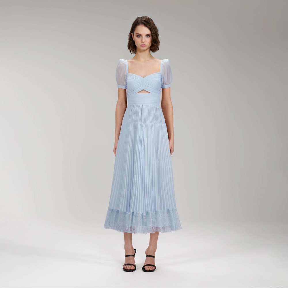Self-Portrait Sky Blue Pleated Midi Dress - Picture 2 of 4